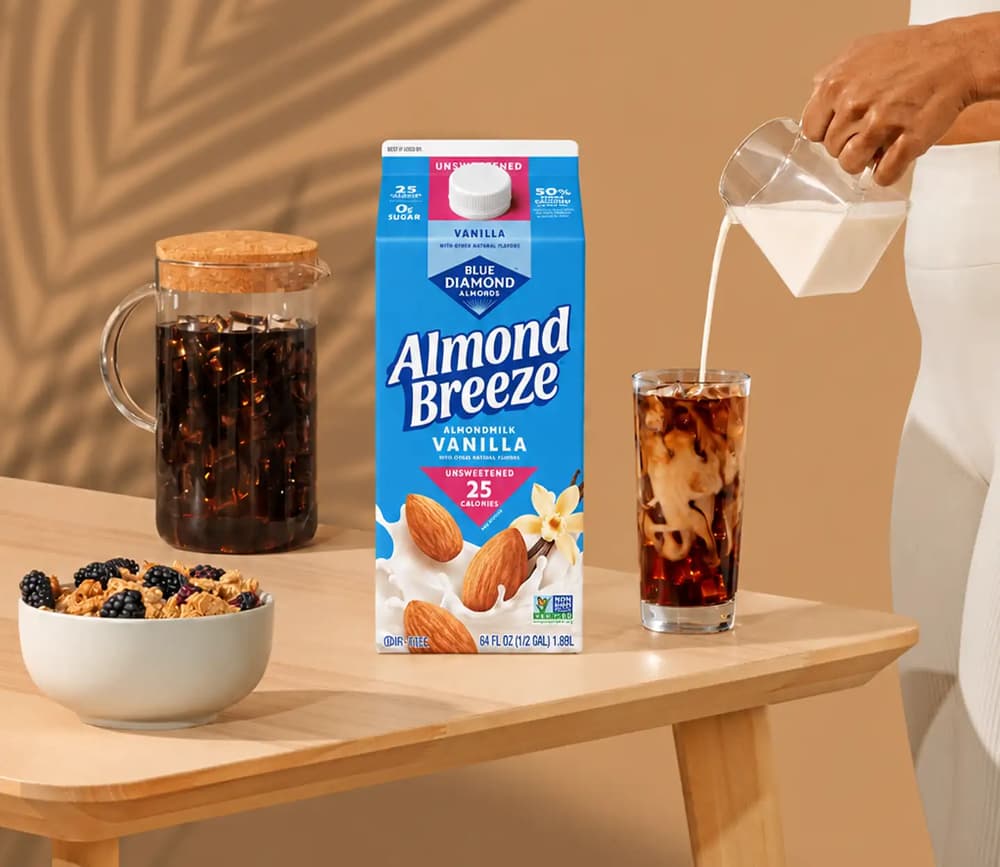 Almond Breeze almond milk on a breakfast table