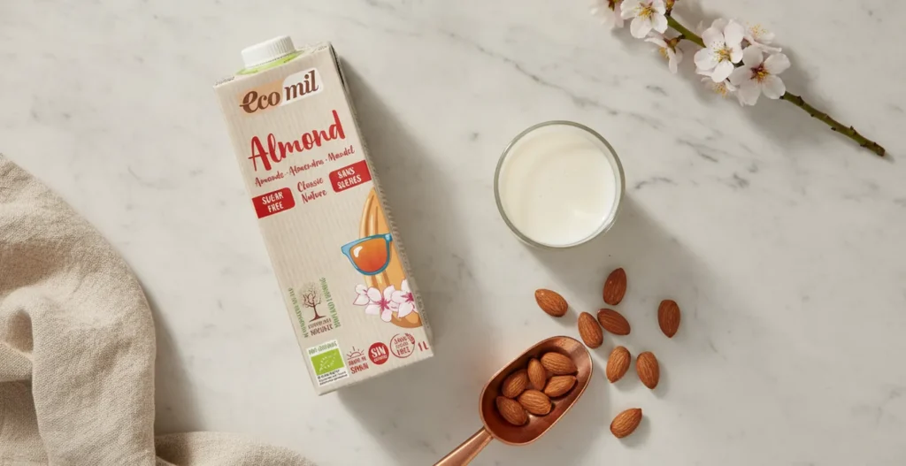 Ecomil organic almond drink carton with a glass of almond milk and almonds
