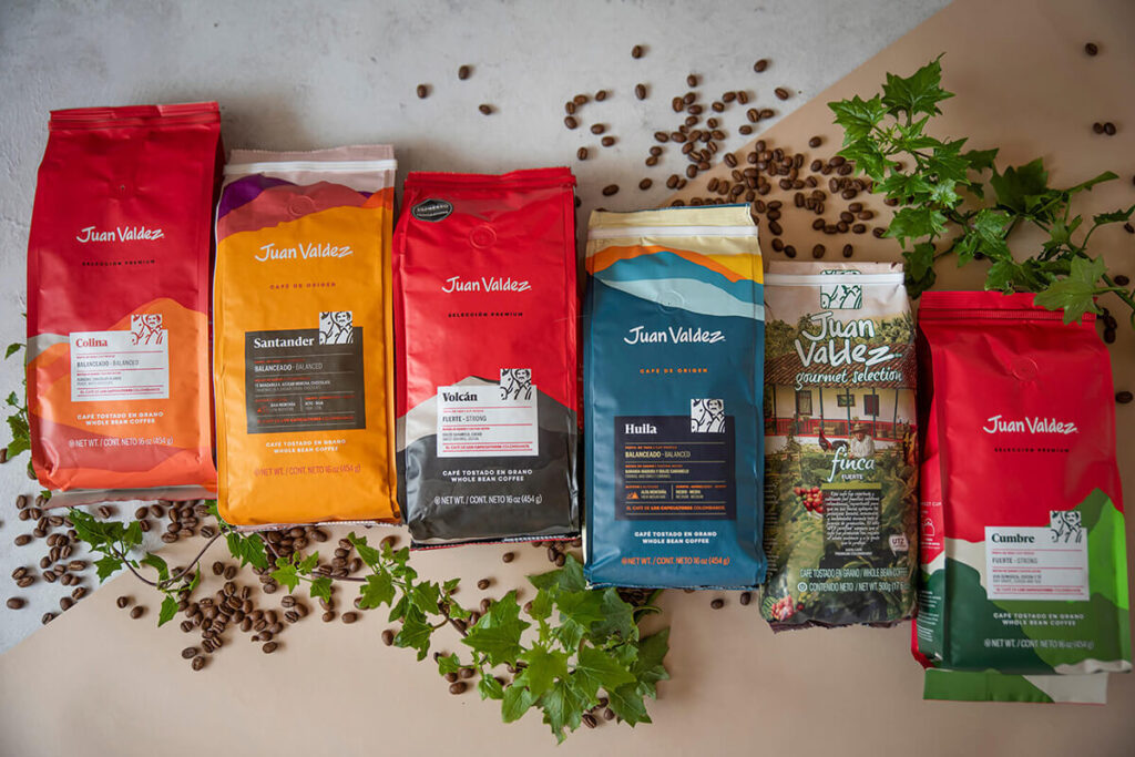 Juan Valdez whole bean coffee range with roasted beans