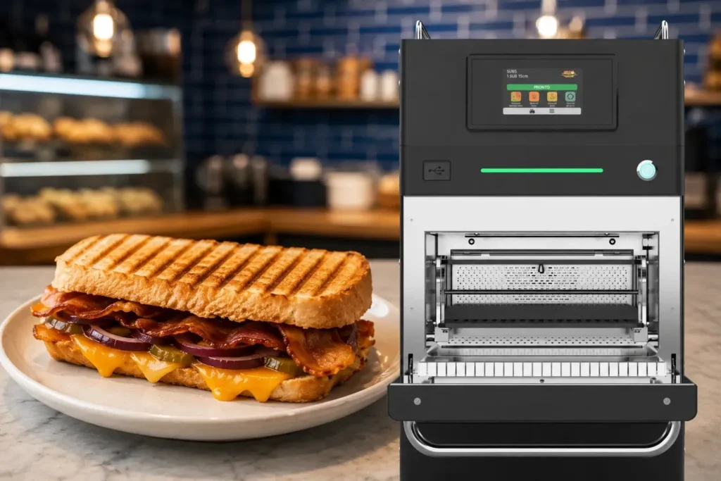 Prática speed oven with a toasted panini